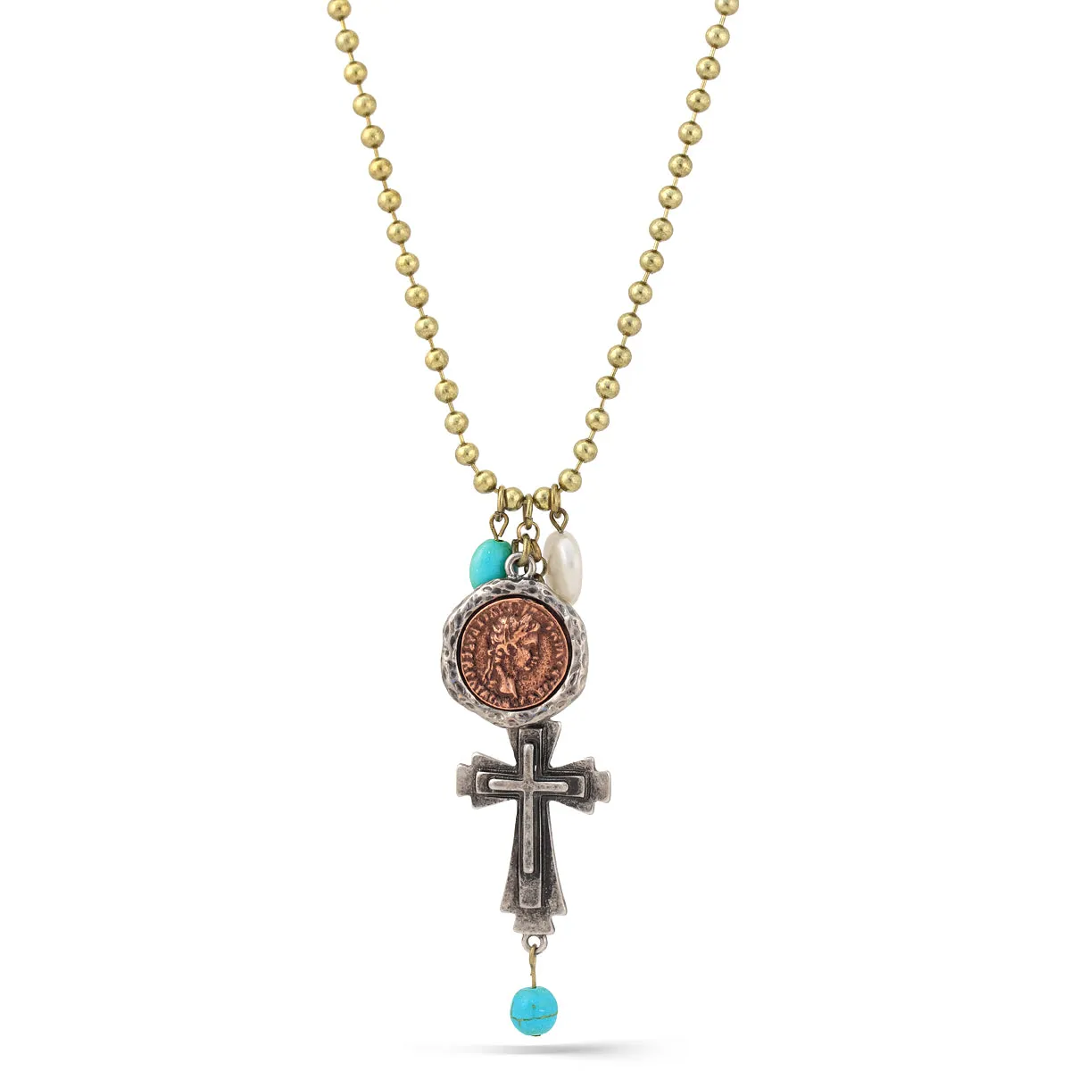 GOLD OXIDE TURQUOISE CROSS AND CHARM PENDANT NECKLACE #SC38193 (PA4)