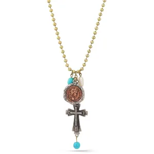 GOLD OXIDE TURQUOISE CROSS AND CHARM PENDANT NECKLACE #SC38193 (PA4)