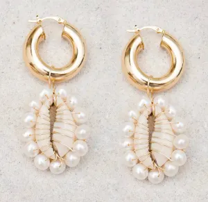 Gold Plated Earrings with Cowry Shells and Fresh Water Pearls 220-18 | Erika Williner Designs