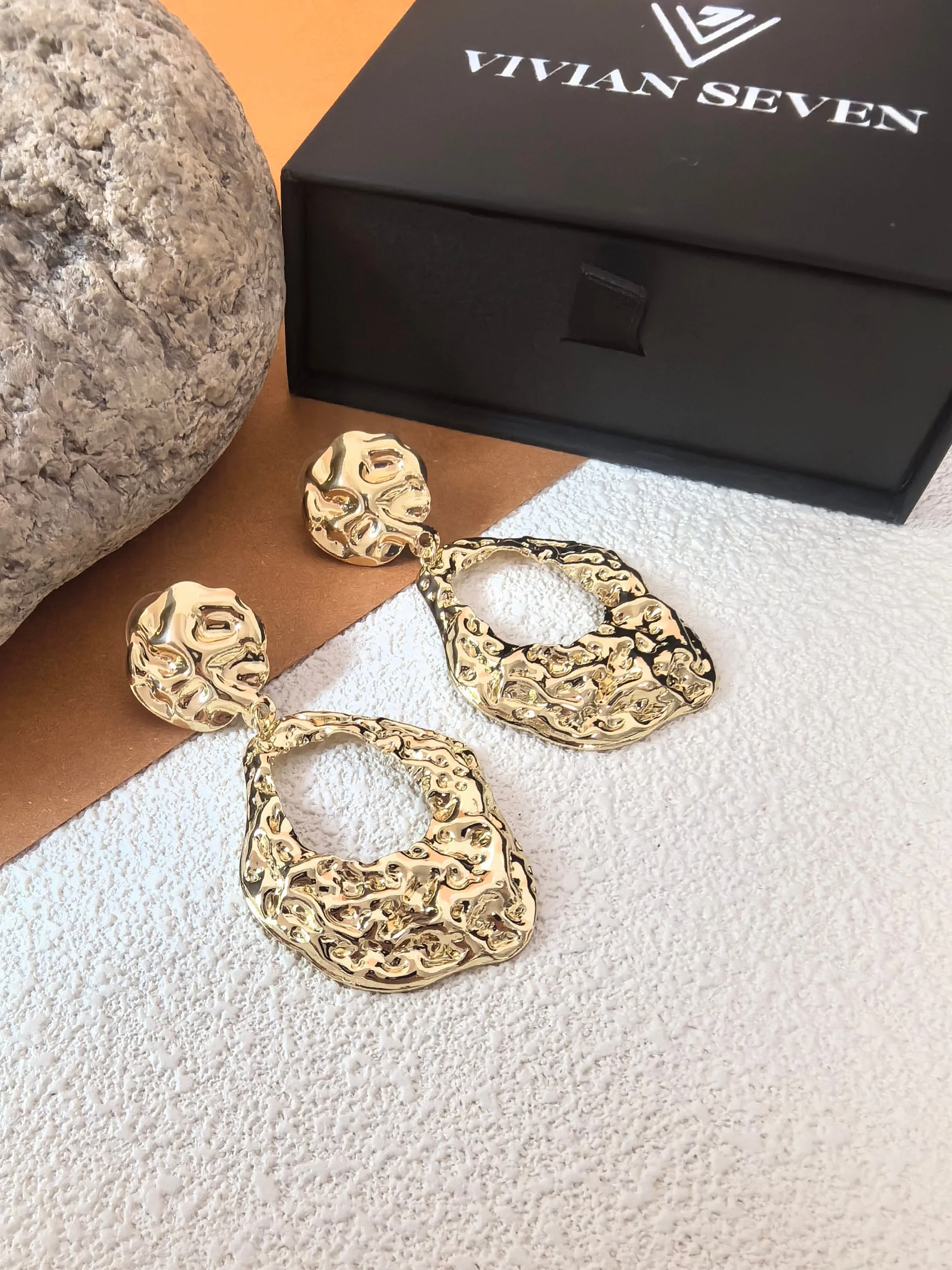 Goldtone Crinkle Hammered Loop Drop Dangle Statement Statement Earrings
