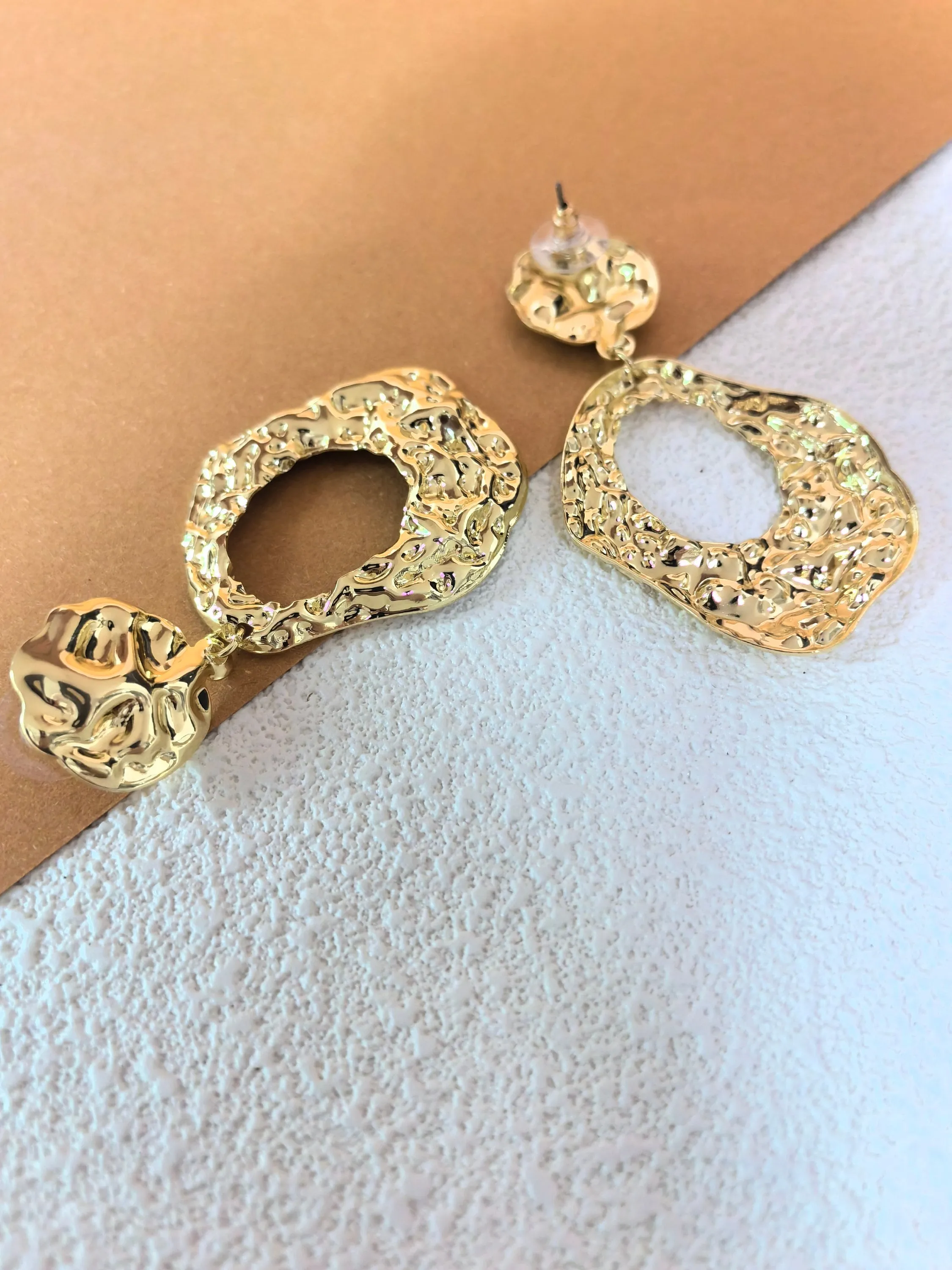 Goldtone Crinkle Hammered Loop Drop Dangle Statement Statement Earrings