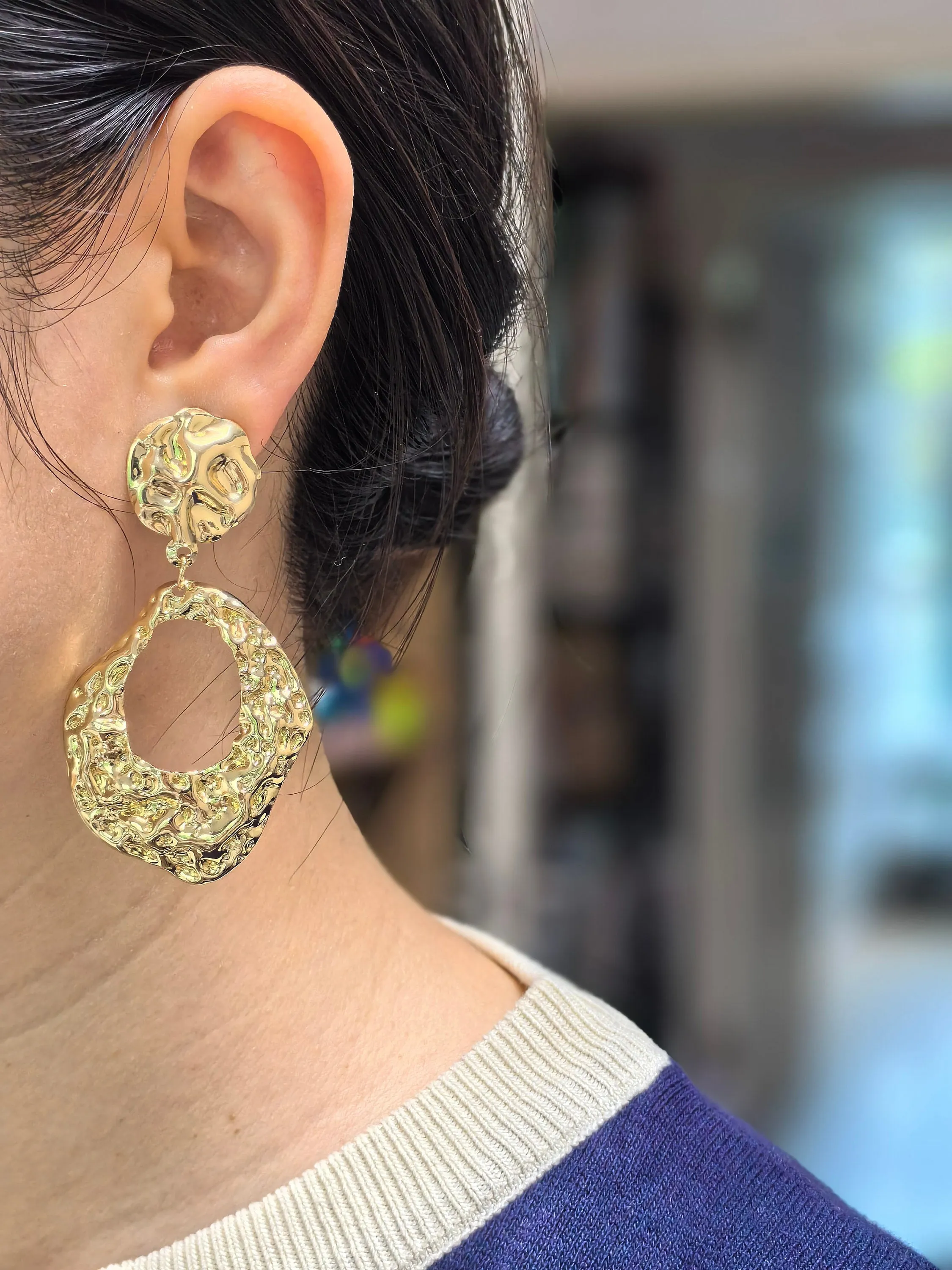 Goldtone Crinkle Hammered Loop Drop Dangle Statement Statement Earrings