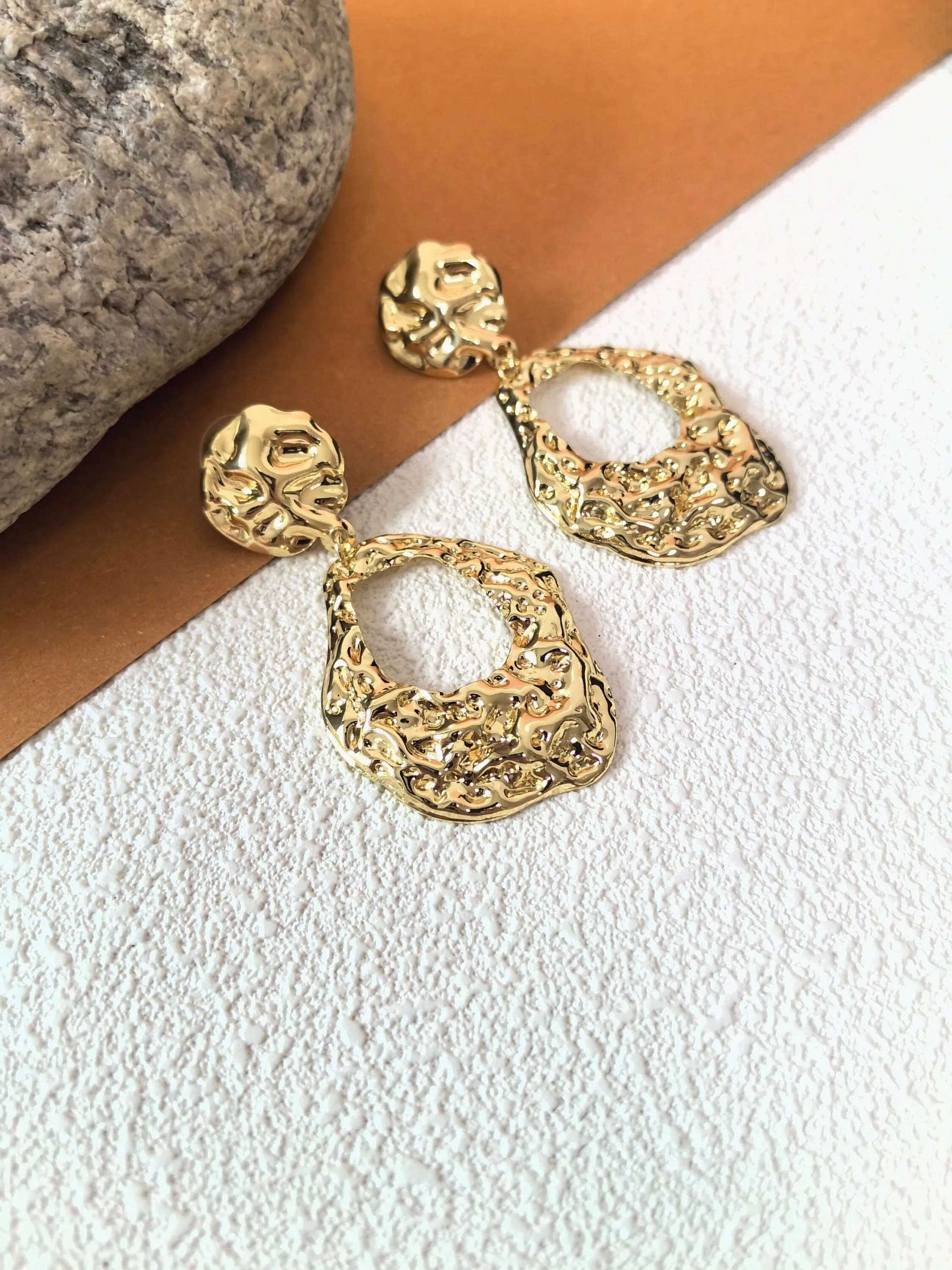 Goldtone Crinkle Hammered Loop Drop Dangle Statement Statement Earrings