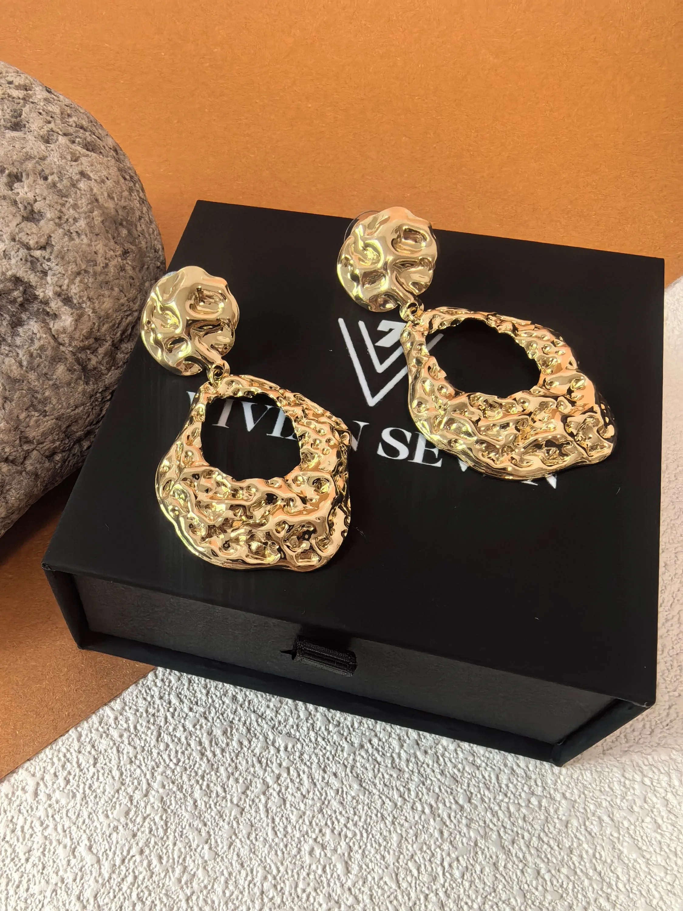 Goldtone Crinkle Hammered Loop Drop Dangle Statement Statement Earrings