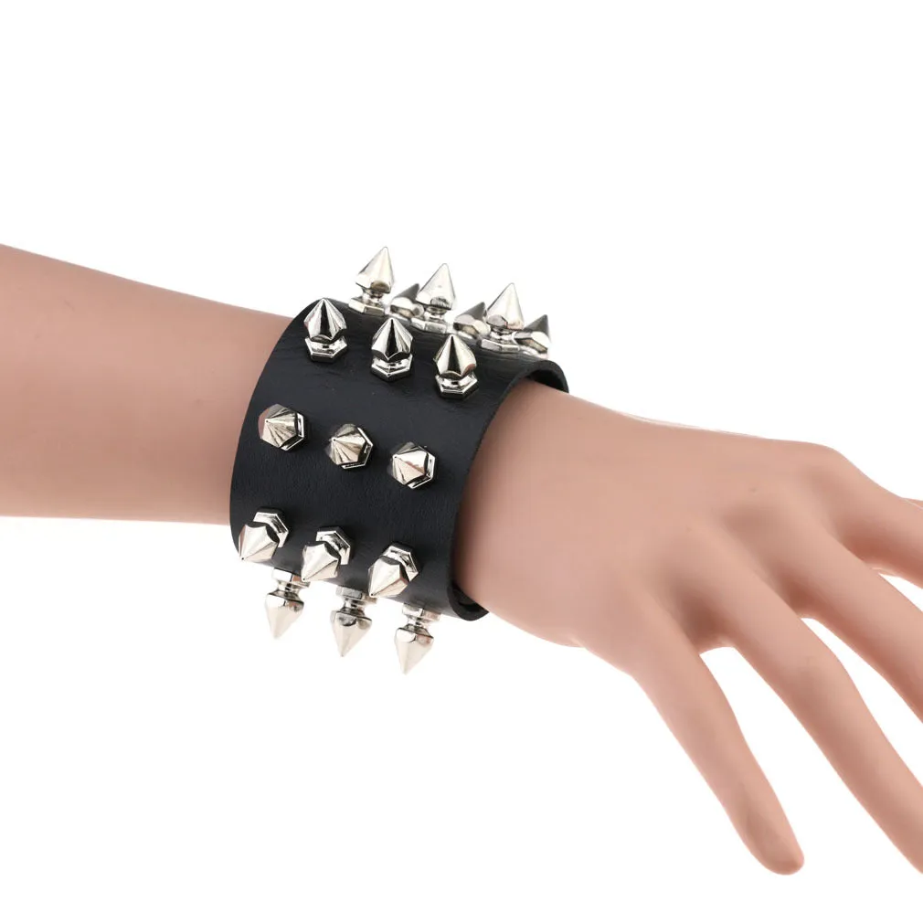 Gothic Delicate Cuspidal Spikes Rivet Leather Bracelets Punk Bracelet for Women Men  Light coffee