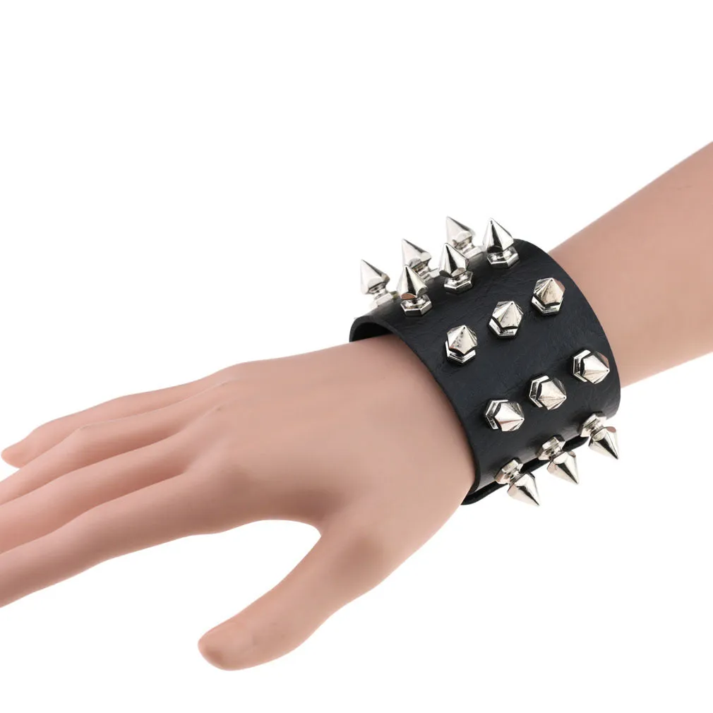 Gothic Delicate Cuspidal Spikes Rivet Leather Bracelets Punk Bracelet for Women Men  Light coffee