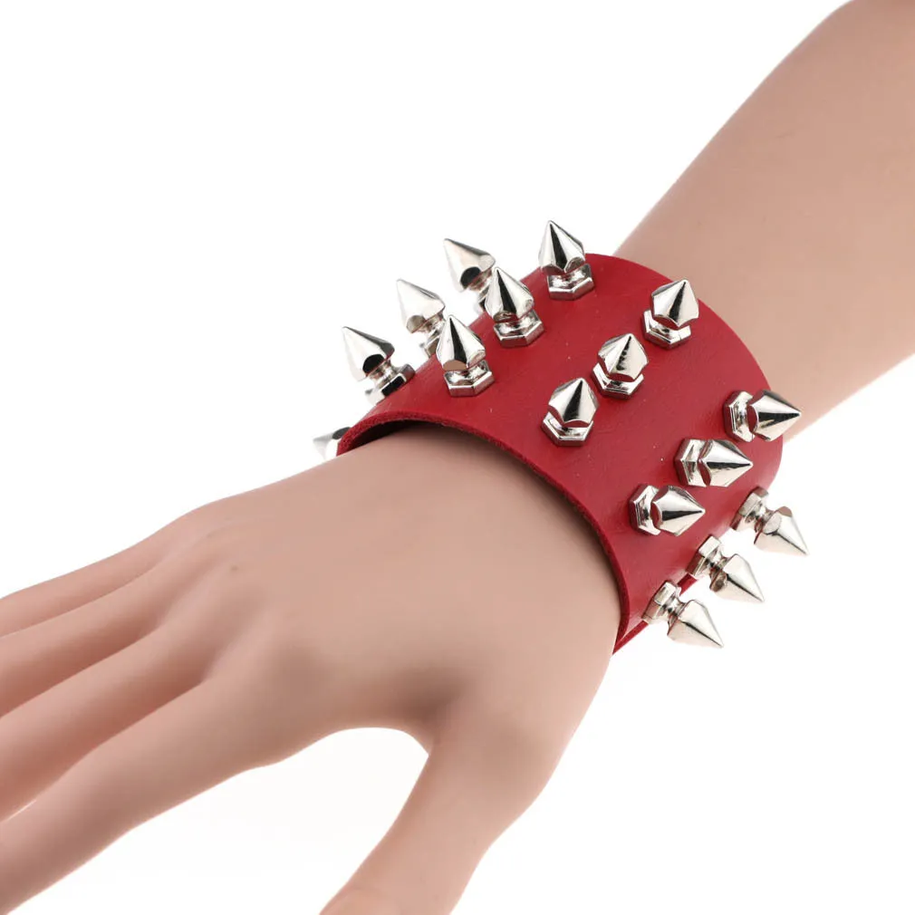 Gothic Delicate Cuspidal Spikes Rivet Leather Bracelets Punk Bracelet for Women Men  Light coffee