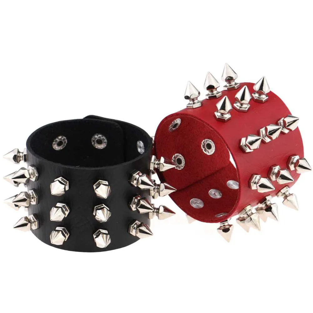 Gothic Delicate Cuspidal Spikes Rivet Leather Bracelets Punk Bracelet for Women Men  Light coffee