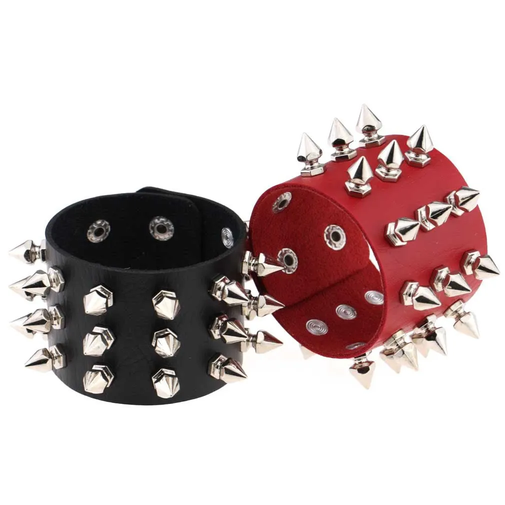 Gothic Delicate Cuspidal Spikes Rivet Leather Bracelets Punk Bracelet for Women Men  Light coffee