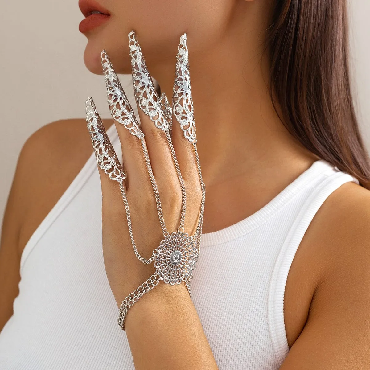 Gothic Flower Five Finger Armor Nails Mittens Bracelet