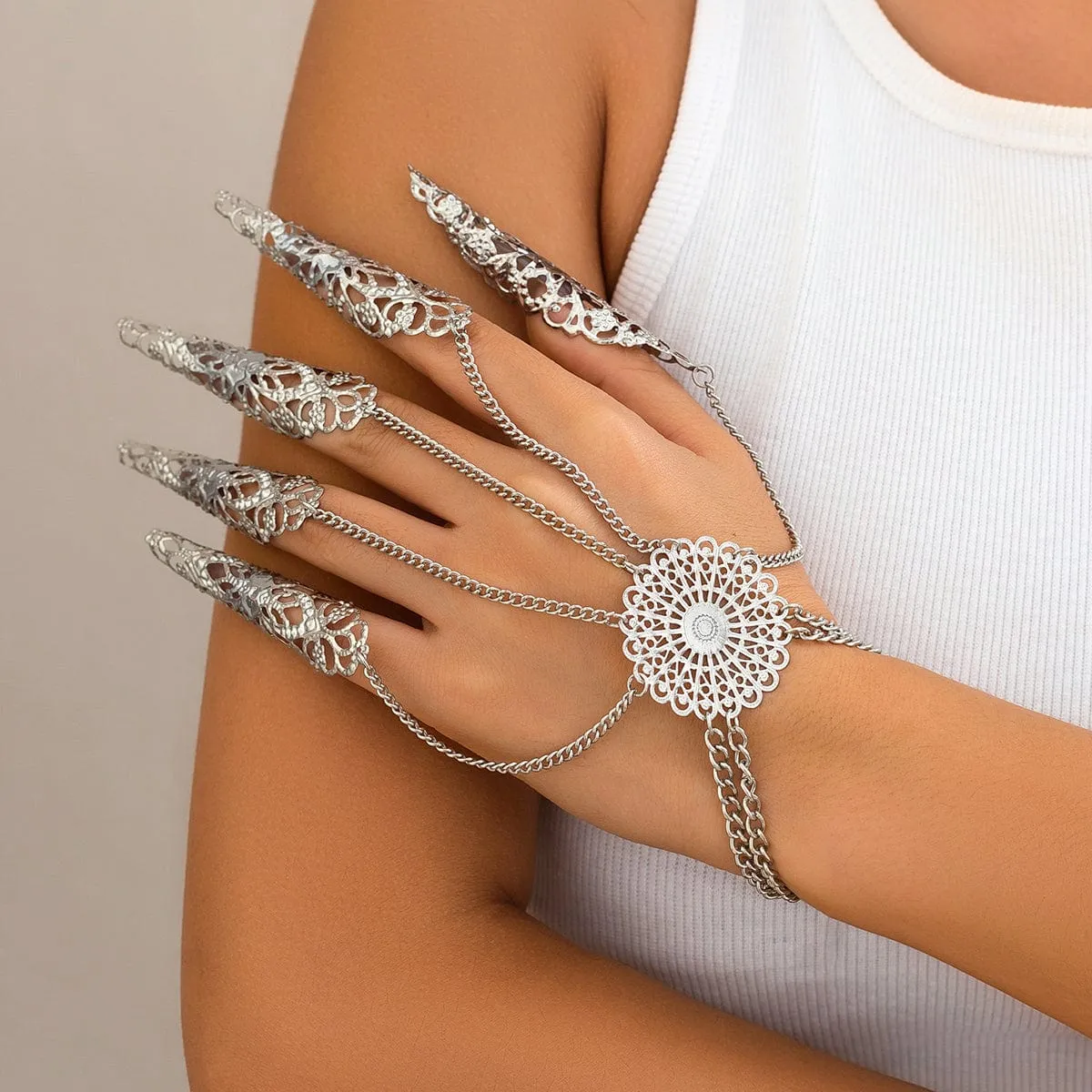 Gothic Flower Five Finger Armor Nails Mittens Bracelet