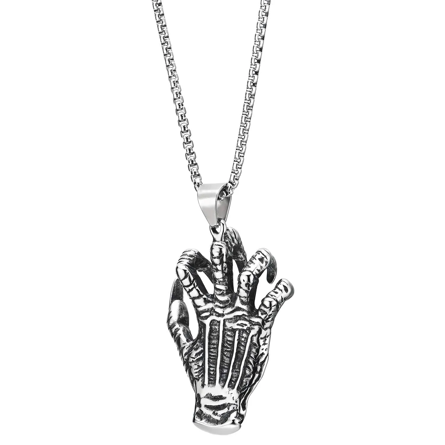 Gothic Steel Mens Vintage Skeleton Hand Spiked Claw Nail Skull Pendant Necklace, 30 in Wheat Chain