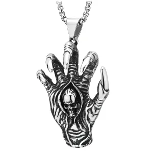 Gothic Steel Mens Vintage Skeleton Hand Spiked Claw Nail Skull Pendant Necklace, 30 in Wheat Chain