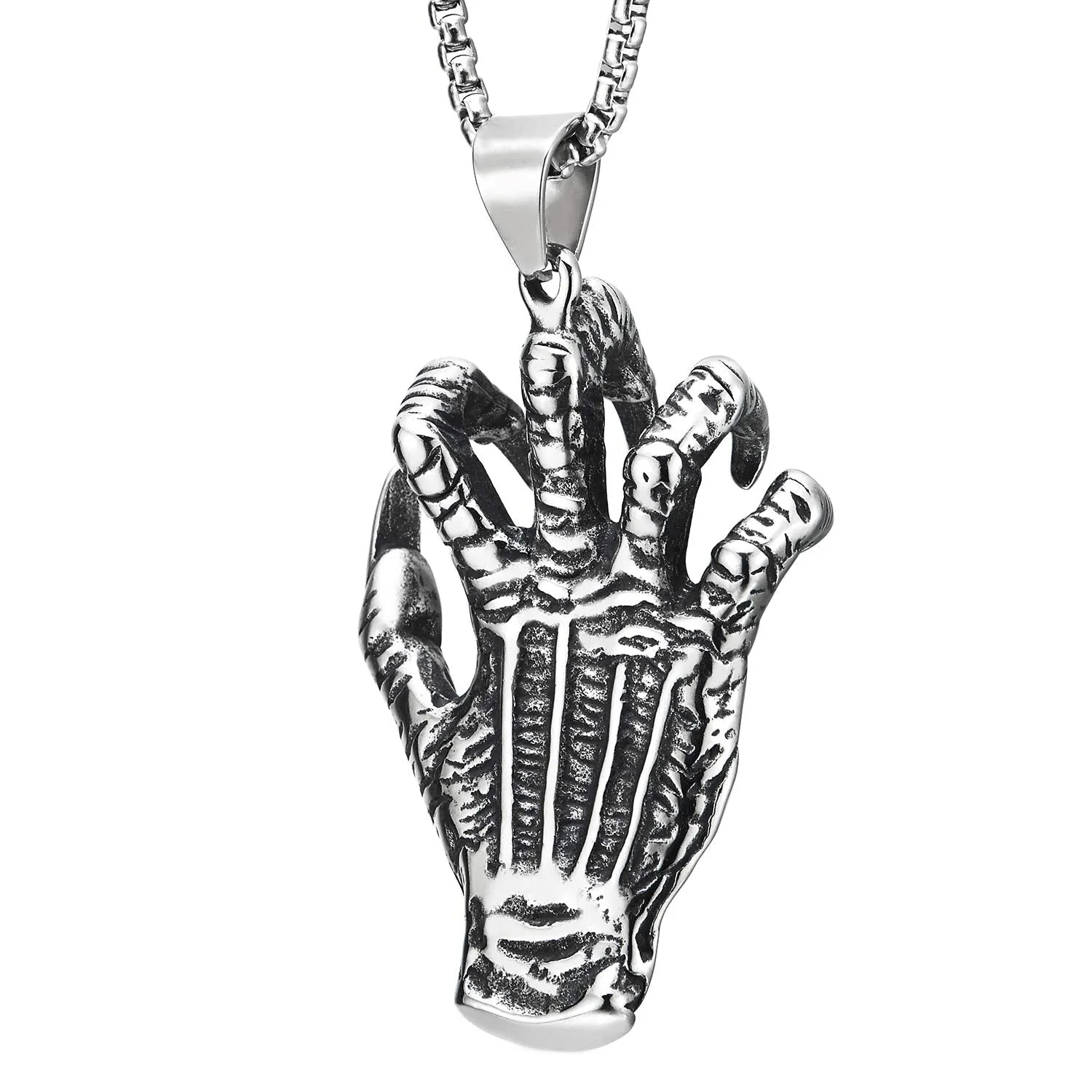 Gothic Steel Mens Vintage Skeleton Hand Spiked Claw Nail Skull Pendant Necklace, 30 in Wheat Chain
