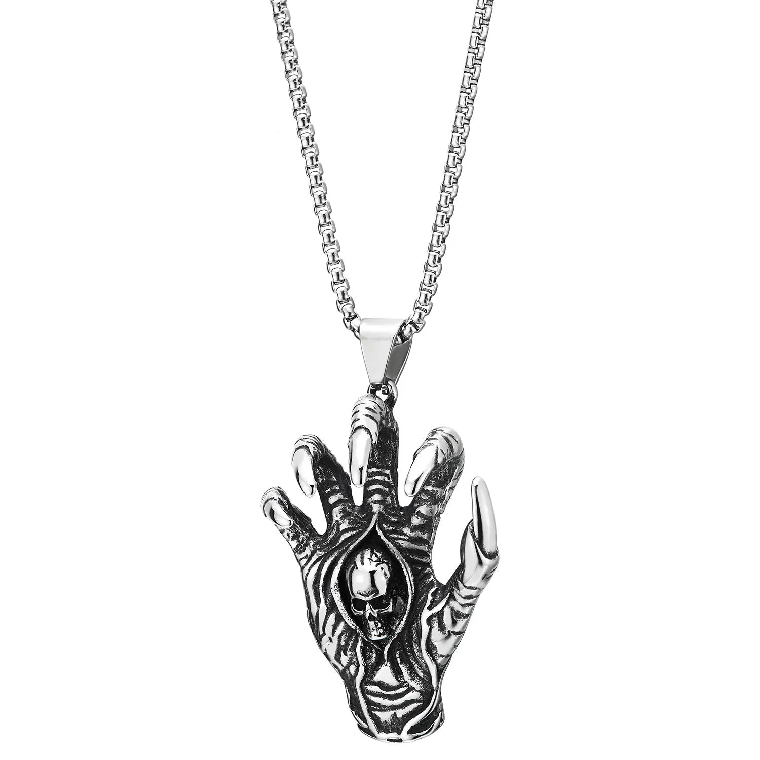 Gothic Steel Mens Vintage Skeleton Hand Spiked Claw Nail Skull Pendant Necklace, 30 in Wheat Chain