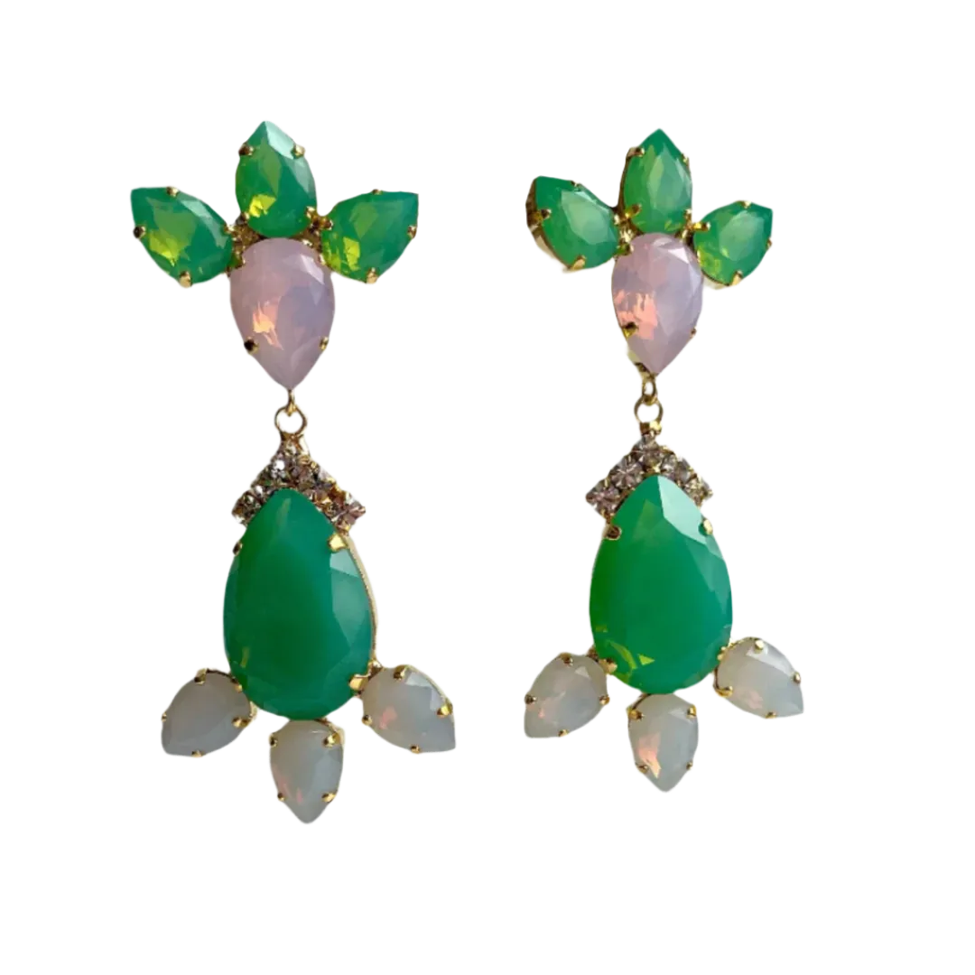 Green & Pink Crystal  Statement Post Earrings