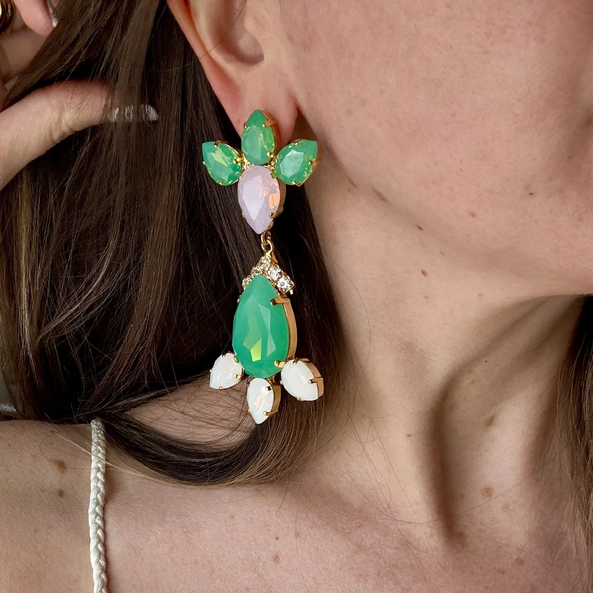 Green & Pink Crystal  Statement Post Earrings