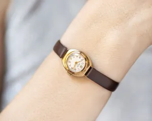Guilloche dial women watch Ray gold plated, unique vintage lady wristwatch, retro watch for lady minimalist jewelry new premium leather band