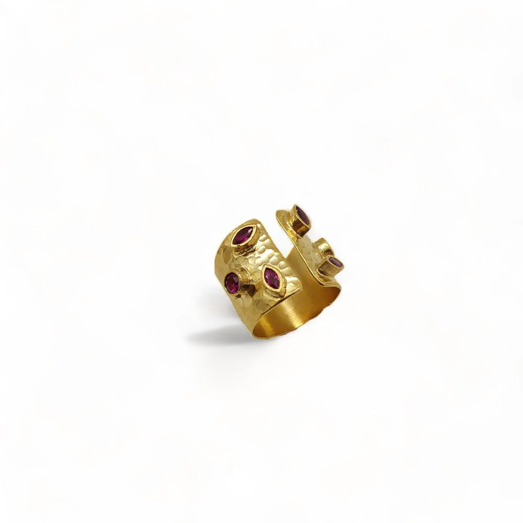 Handmade Hammered Cuff Ring with Ruby CZs - Gold Plated Semi Precious Jewelry