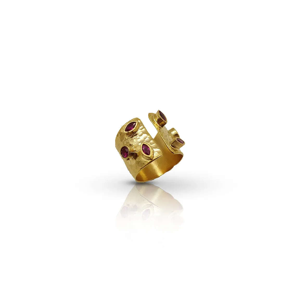 Handmade Hammered Cuff Ring with Ruby CZs - Gold Plated Semi Precious Jewelry