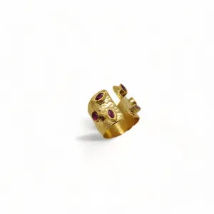 Handmade Hammered Cuff Ring with Ruby CZs - Gold Plated Semi Precious Jewelry