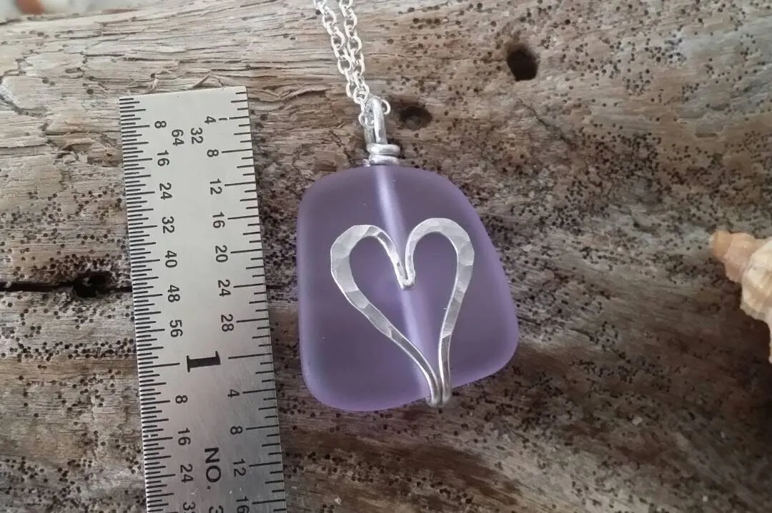 Handmade in Hawaii, hammered heart purple sea glass beach necklace, gift box, mother's day gift