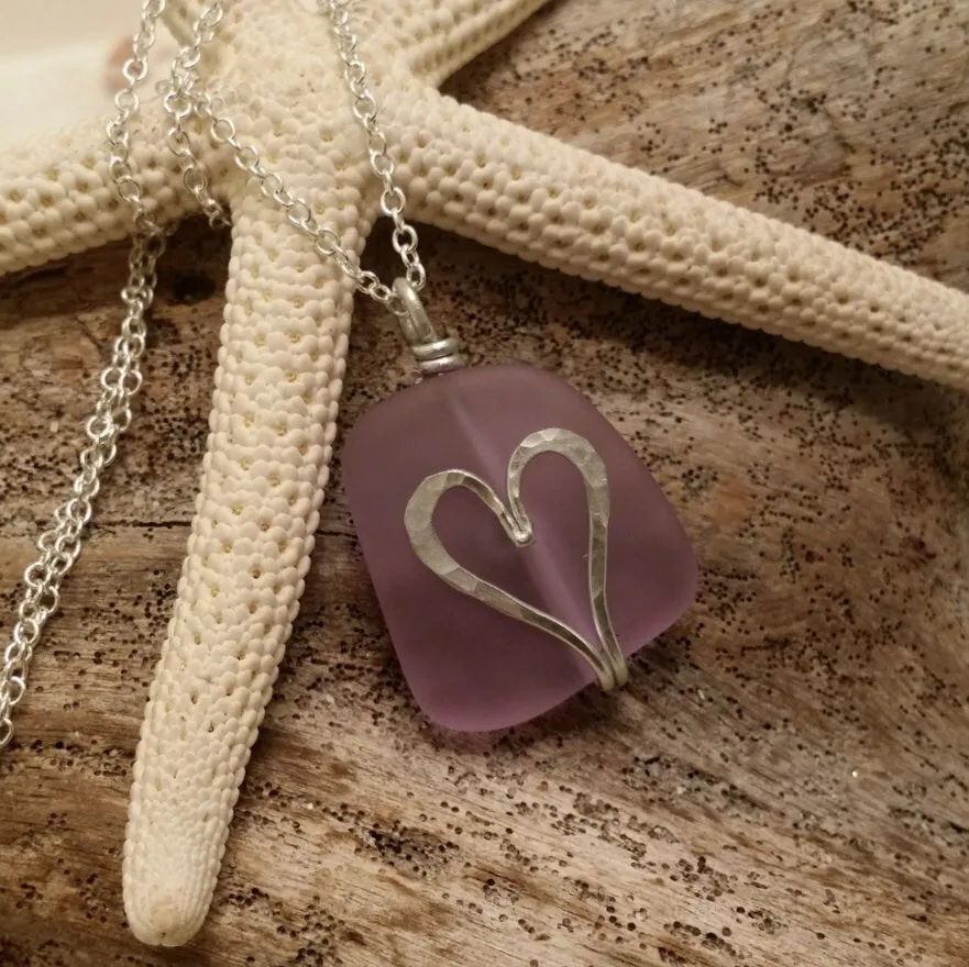 Handmade in Hawaii, hammered heart purple sea glass beach necklace, gift box, mother's day gift