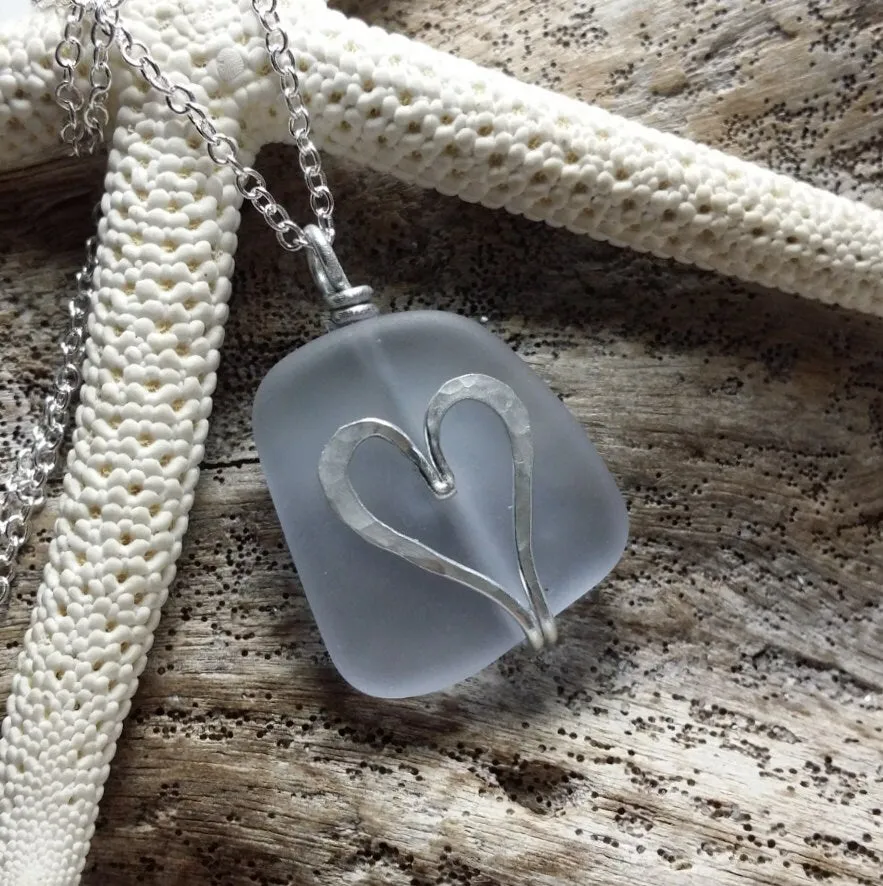 Handmade in Hawaii, hammered heart purple sea glass beach necklace, gift box, mother's day gift