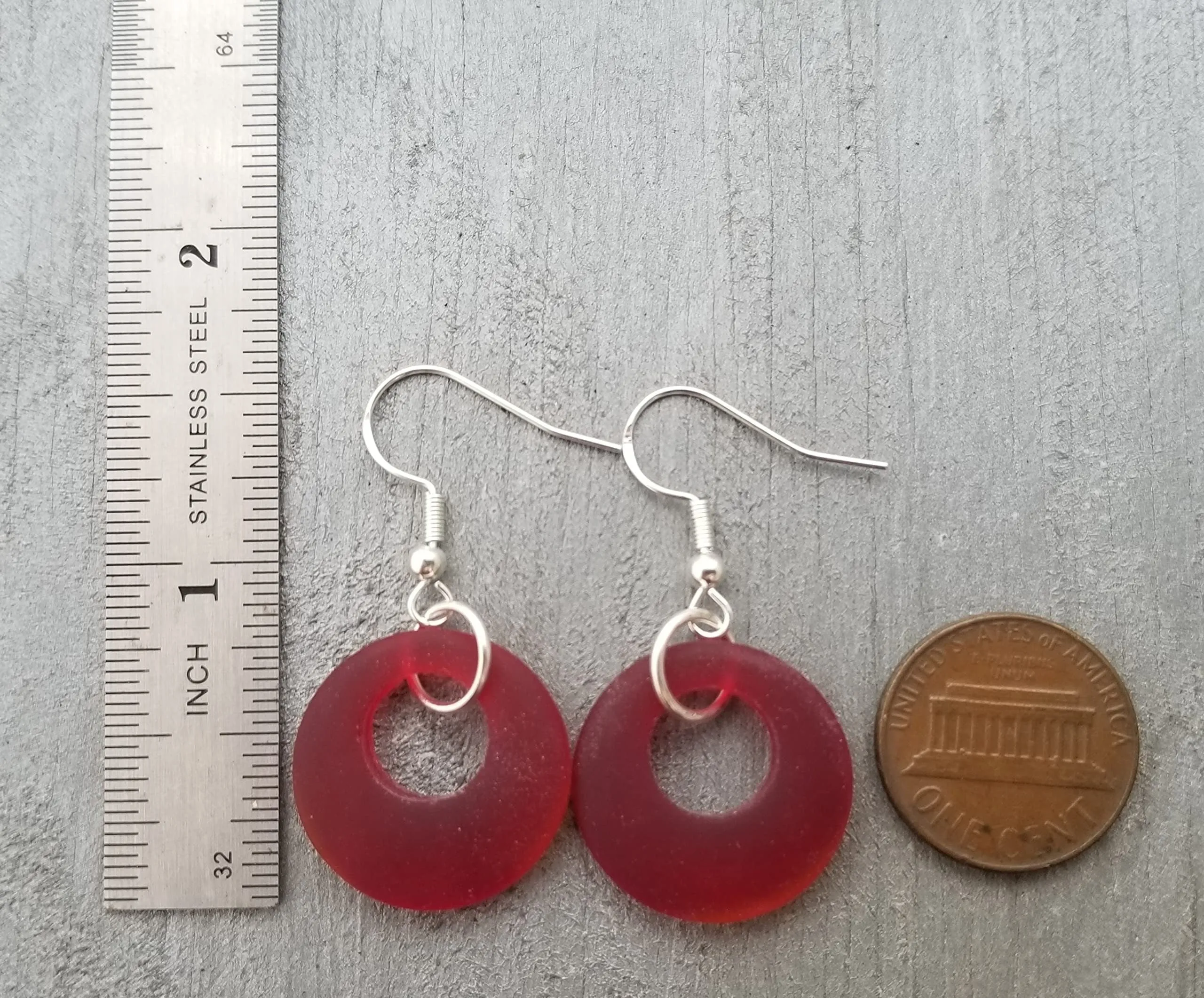 Hawaiian Jewelry Sea Glass Earrings, Circle Minimalist Jewelry Ruby Red Earrings, Beach Sea Glass Birthday Gift (July Birthstone)