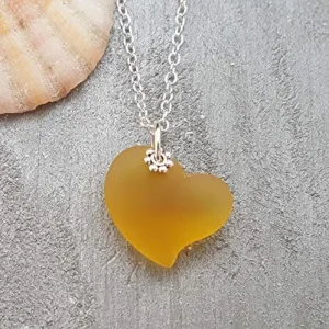 Hawaiian Jewelry Sea Glass Necklace, Heart Necklace Topaz Yellow Necklace Unique Beach Sea Glass Jewelry Birthday Gift (November Birthstone)