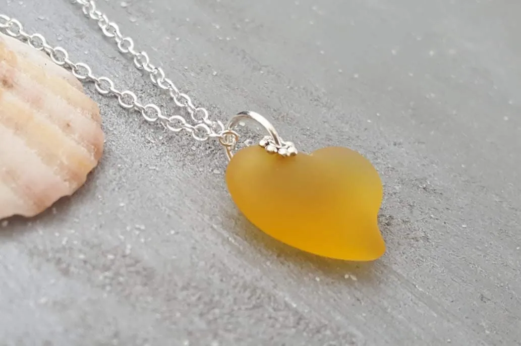 Hawaiian Jewelry Sea Glass Necklace, Heart Necklace Topaz Yellow Necklace Unique Beach Sea Glass Jewelry Birthday Gift (November Birthstone)