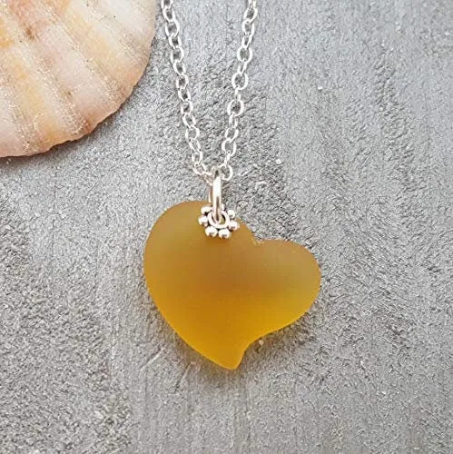 Hawaiian Jewelry Sea Glass Necklace, Heart Necklace Topaz Yellow Necklace Unique Beach Sea Glass Jewelry Birthday Gift (November Birthstone)
