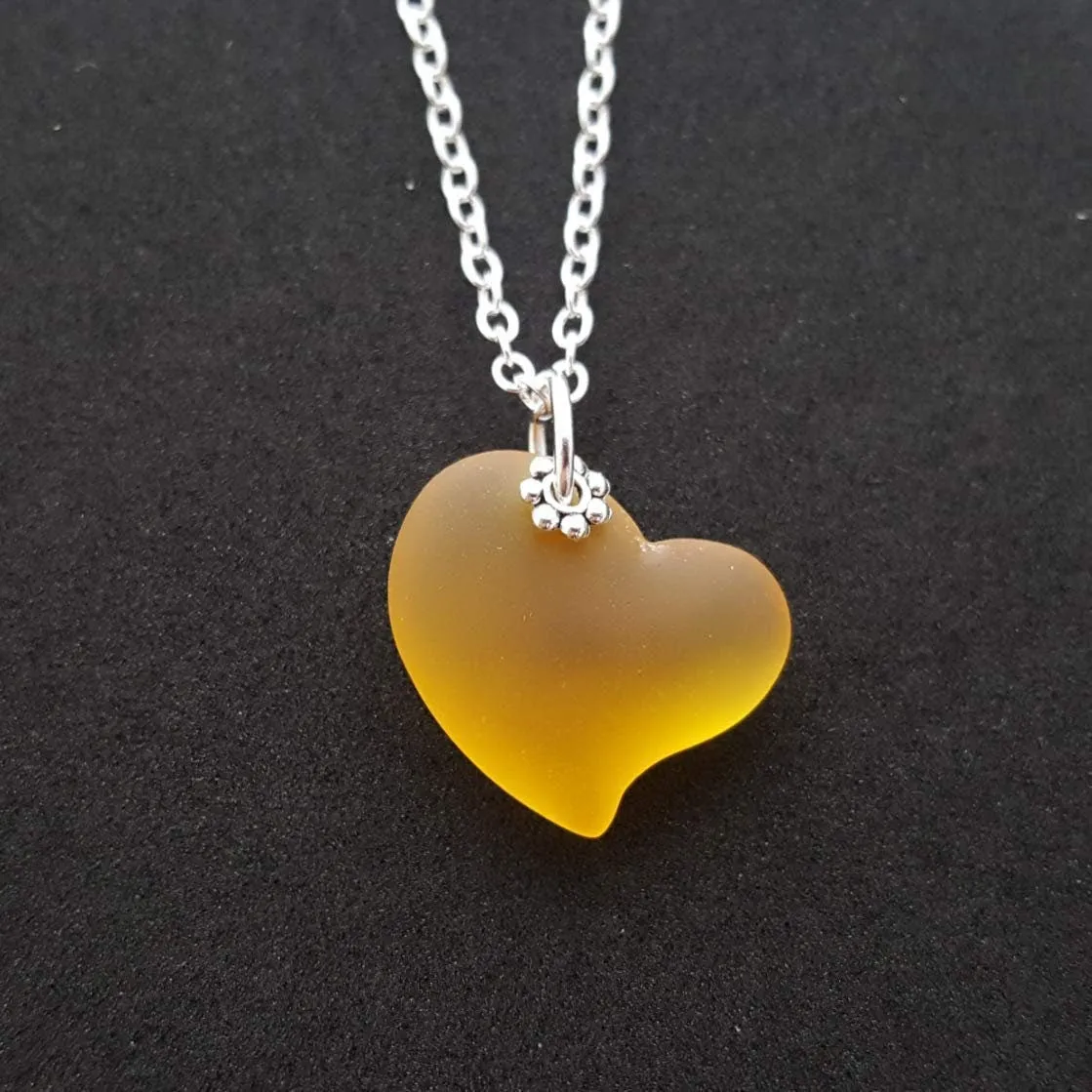Hawaiian Jewelry Sea Glass Necklace, Heart Necklace Topaz Yellow Necklace Unique Beach Sea Glass Jewelry Birthday Gift (November Birthstone)