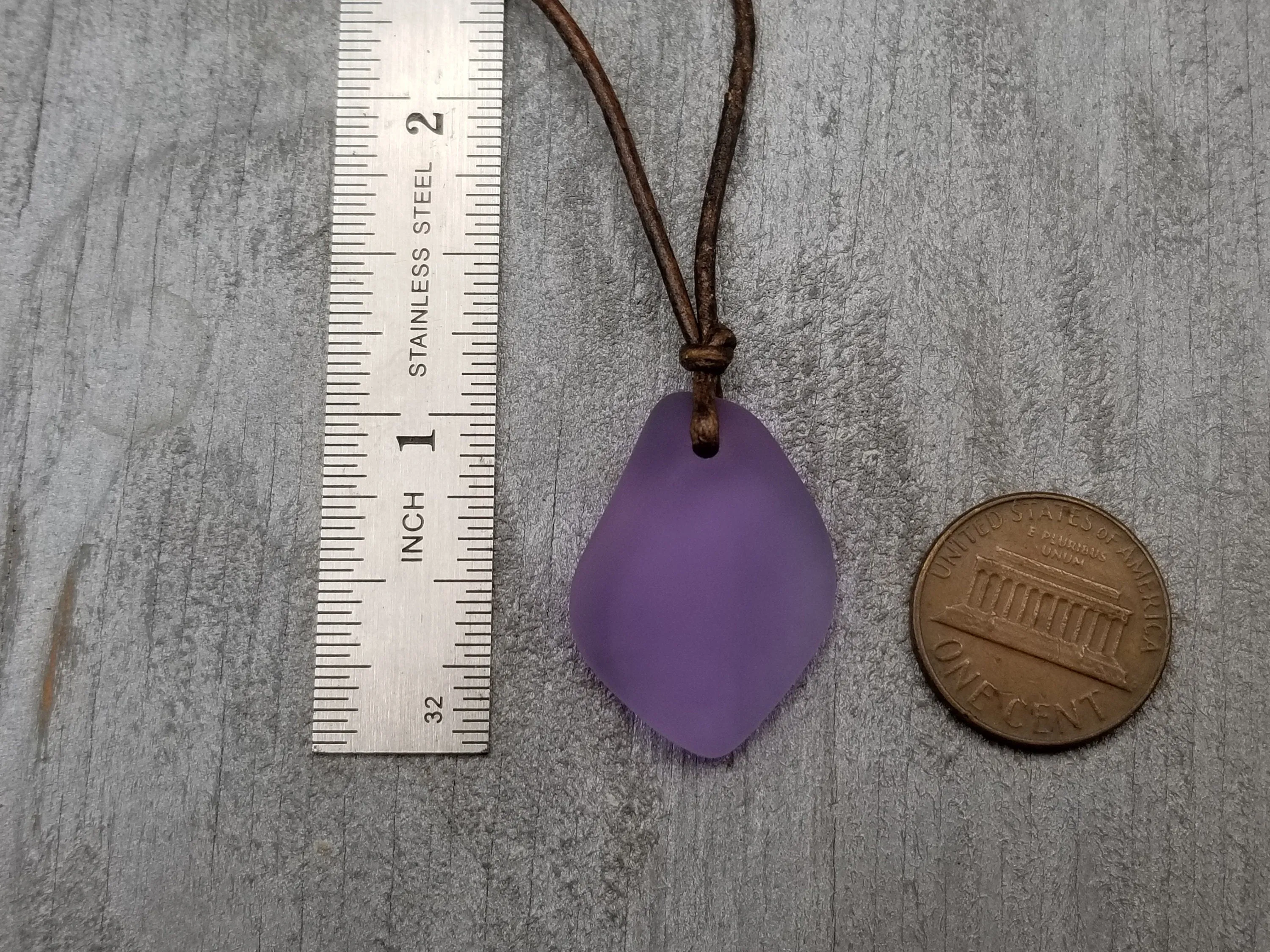 Hawaiian Jewelry Sea Glass Necklace, "Magical Color Changing" Puff Purple Leather Cord Necklace, Unisex Jewelry (February Birthstone)