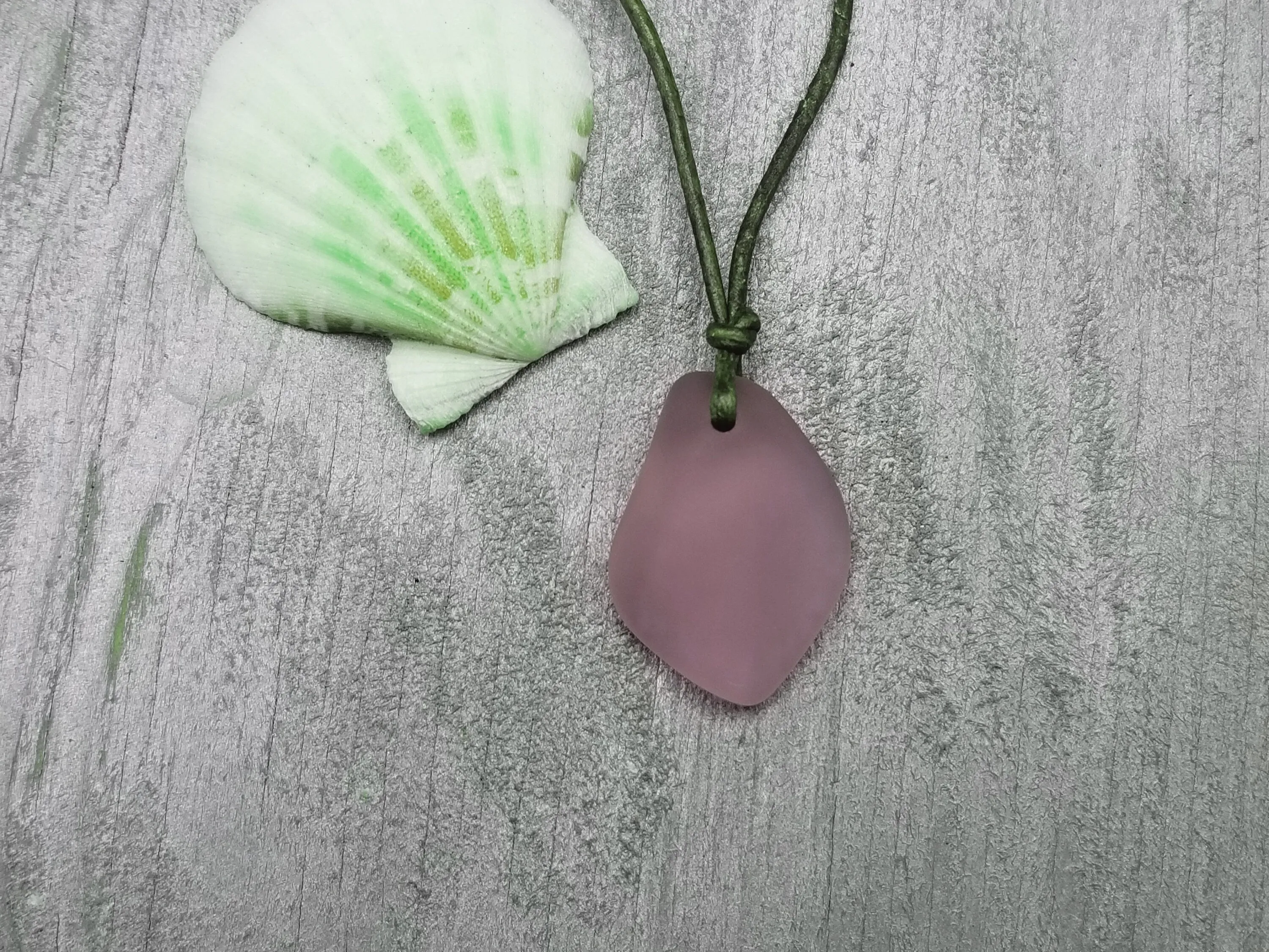 Hawaiian Jewelry Sea Glass Necklace, "Magical Color Changing" Puff Purple Leather Cord Necklace, Unisex Jewelry (February Birthstone)