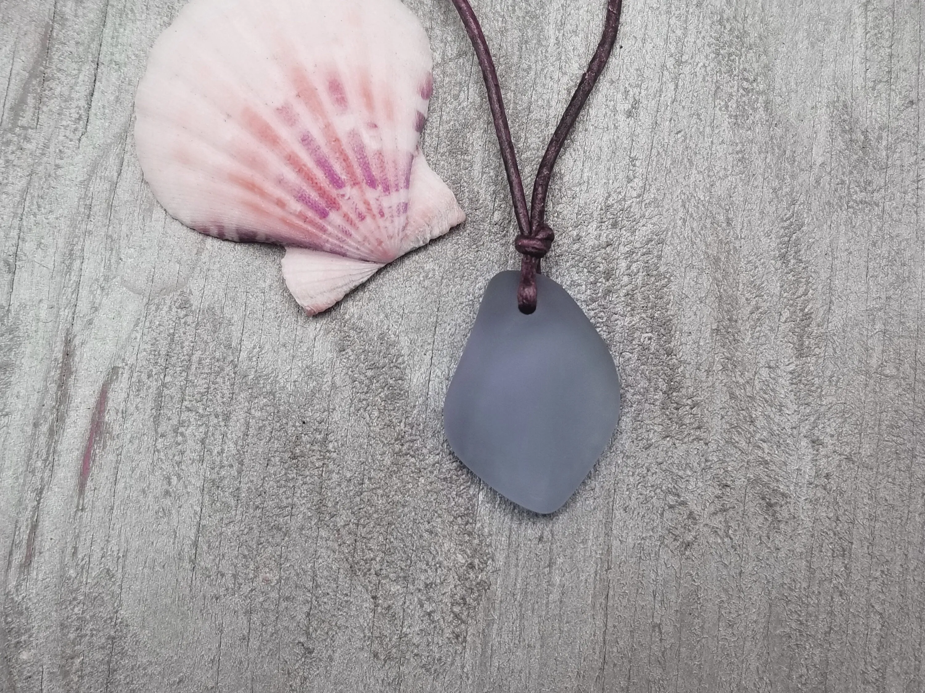 Hawaiian Jewelry Sea Glass Necklace, "Magical Color Changing" Puff Purple Leather Cord Necklace, Unisex Jewelry (February Birthstone)