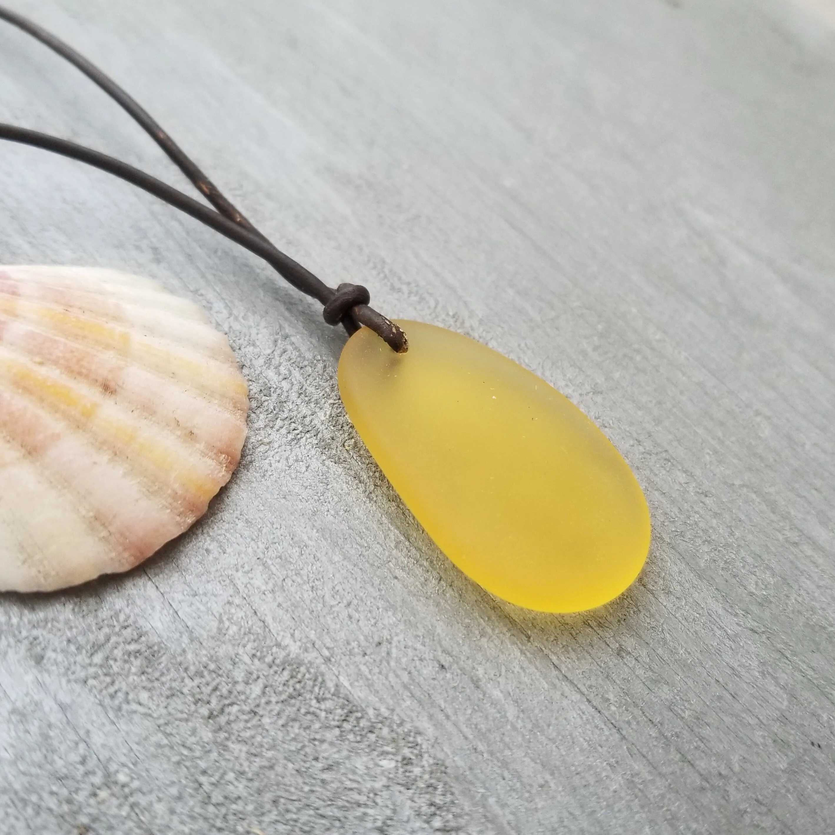 Hawaiian Jewelry Sea Glass Necklace, Yellow Necklace Leather Cord Necklace, Sea Glass Jewelry For Women Birthday Gift (November Birthstone)