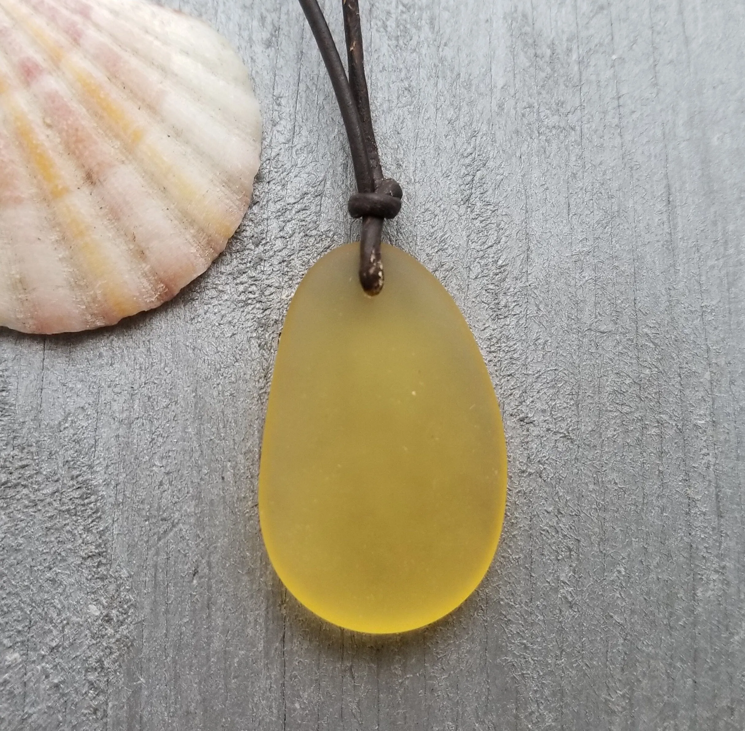 Hawaiian Jewelry Sea Glass Necklace, Yellow Necklace Leather Cord Necklace, Sea Glass Jewelry For Women Birthday Gift (November Birthstone)