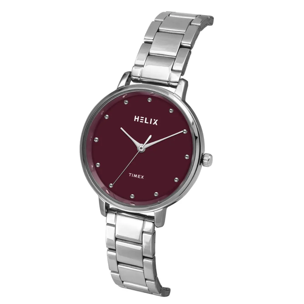 Helix By Timex Burgundy Round Analog Stainless Steel Watch Women -TW056HL04