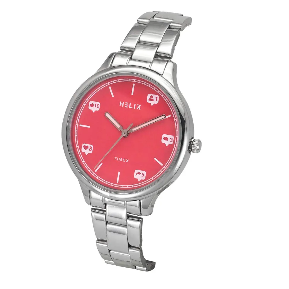 Helix By Timex Red Round Analog Stainless Steel Watch Women -TW060HL03T
