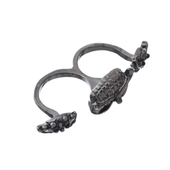 Hematite Hoot Owl Double Cuff Finger Ring