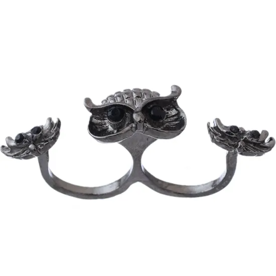Hematite Hoot Owl Double Cuff Finger Ring
