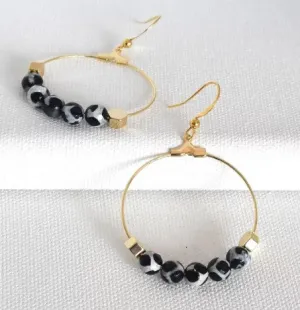 Hex Black and White Agate Hoop Earrings