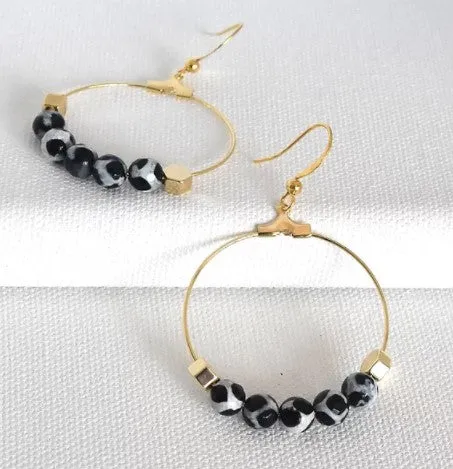 Hex Black and White Agate Hoop Earrings