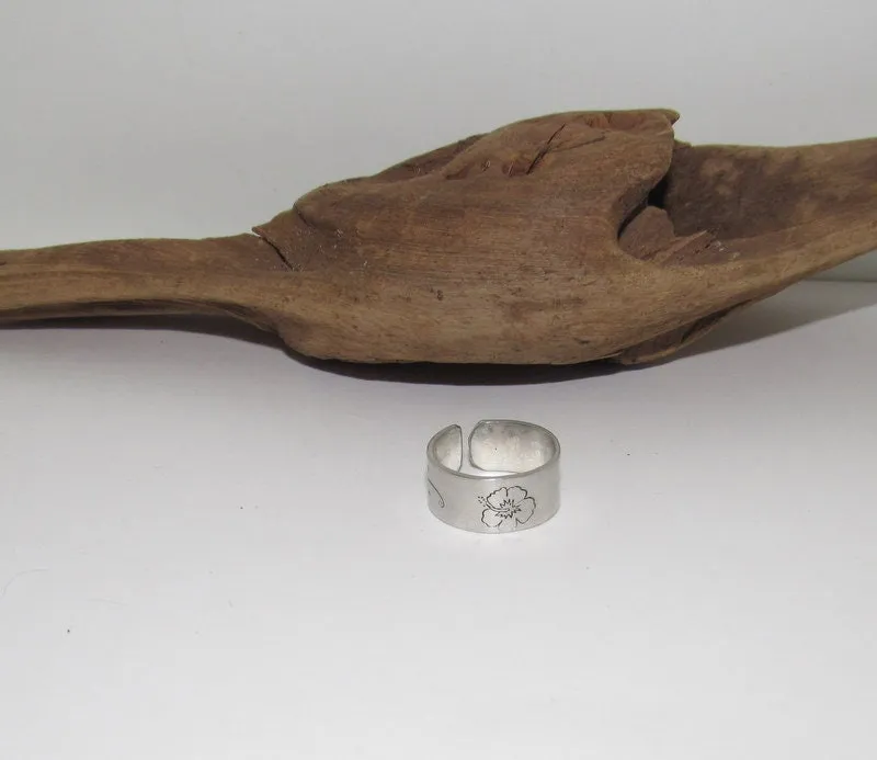 Hibiscus  Adjustable stamped ring, flower lover aluminum ring, inspiration rings, adjustable silver ring, stamped jewelry,
