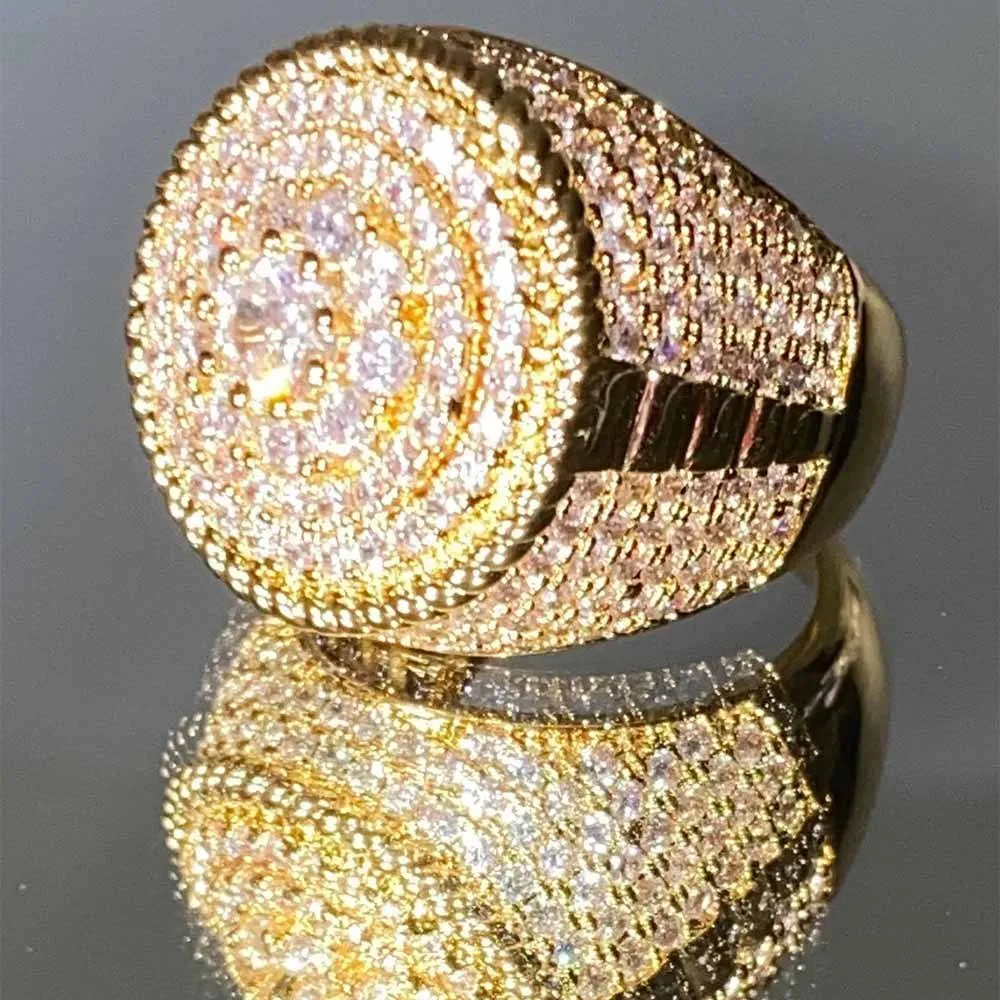 Hip Hop 14k Gold Plated Man Big Finger Rings Full Of Cz Diamond Gold Rings Full Cubic Zircon Ring For Mens