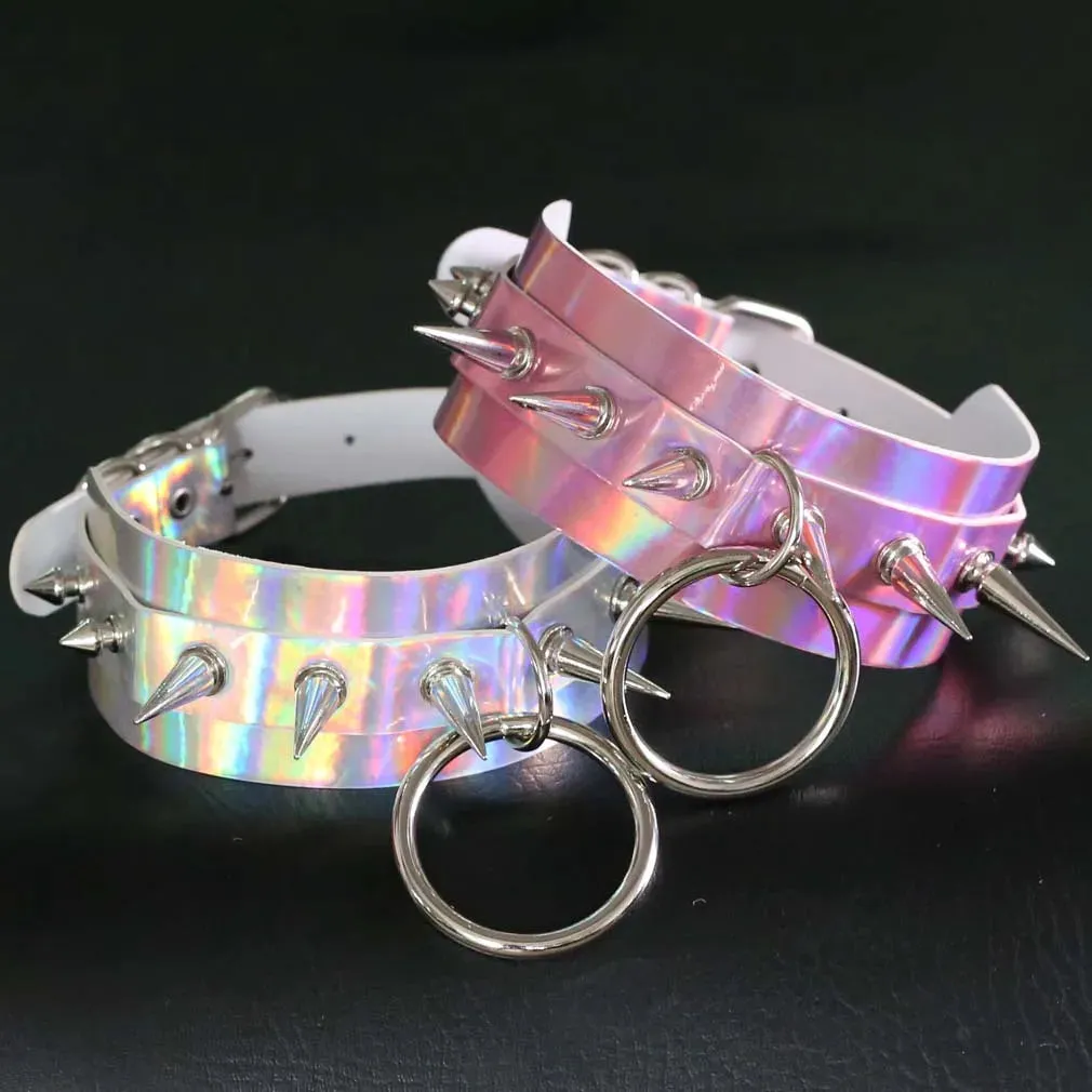 Holographic Choker Spiked Necklace Punk  Goth Leather Collar Women Kawaii Chocker Party Jewelry