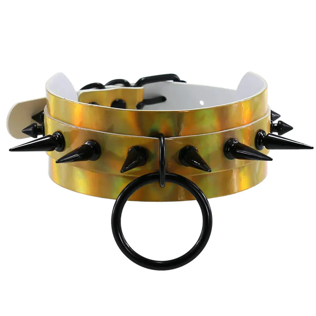 Holographic Choker Spiked Necklace Punk  Goth Leather Collar Women Kawaii Chocker Party Jewelry