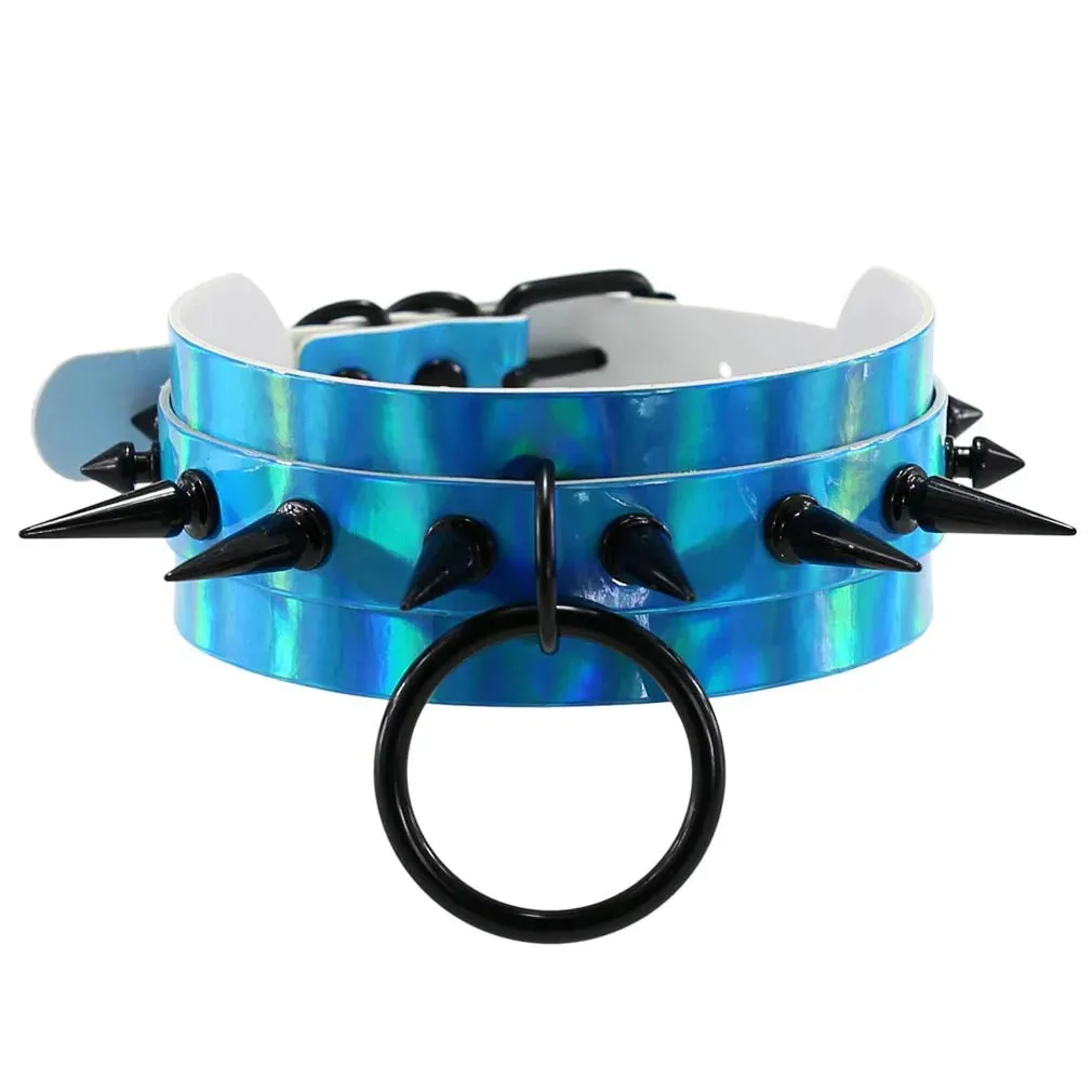 Holographic Choker Spiked Necklace Punk  Goth Leather Collar Women Kawaii Chocker Party Jewelry