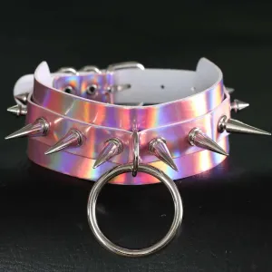 Holographic Choker Spiked Necklace Punk  Goth Leather Collar Women Kawaii Chocker Party Jewelry